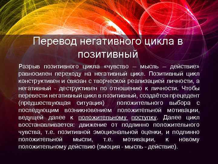 Перевод негативного цикла в позитивный Разрыв позитивного цикла «чувство — мысль — действие» равносилен