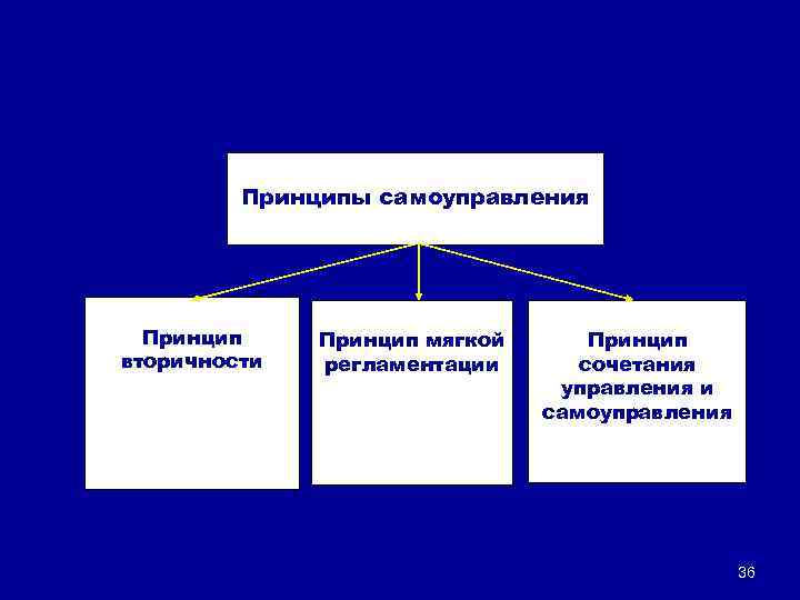 Принципы самоуправления Принцип вторичности Принцип мягкой регламентации Принцип сочетания управления и самоуправления 36 