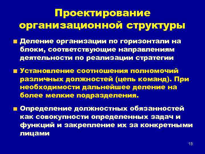 Проектирование организационной структуры Деление организации по горизонтали на блоки, соответствующие направлениям деятельности по реализации