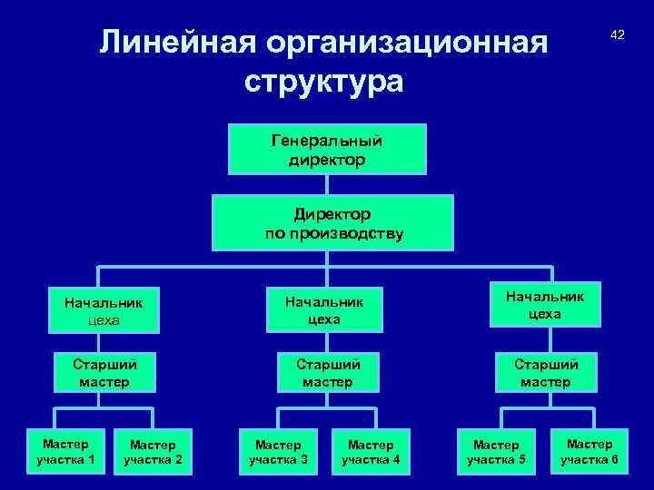 Линейная организационная структура 42 Генеральный директор Директор по производству Начальник цеха Старший мастер Мастер