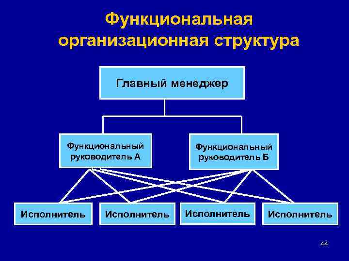 Функциональная организационная структура Главный менеджер Функциональный руководитель А Исполнитель Функциональный руководитель Б Исполнитель 44