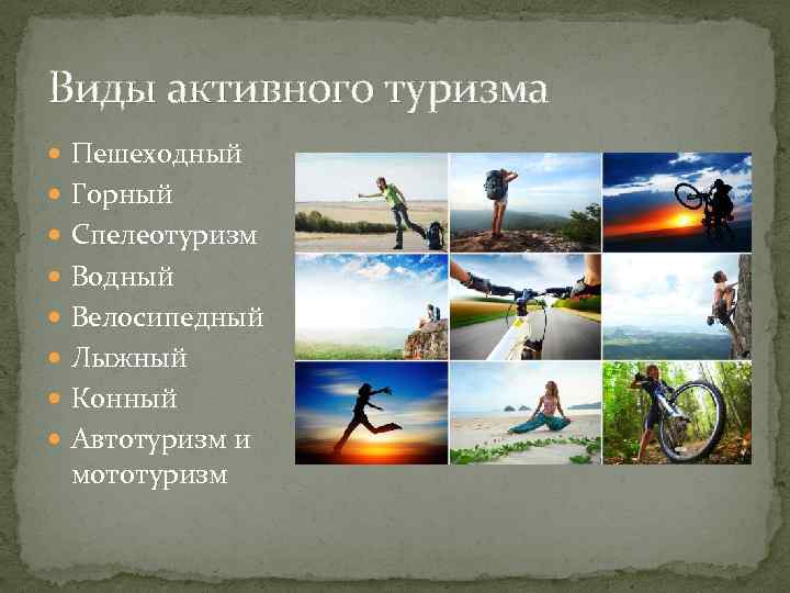 Виды активного туризма Пешеходный Горный Спелеотуризм Водный Велосипедный Лыжный Конный Автотуризм и мототуризм 