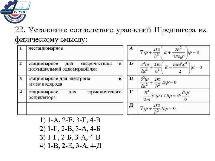 22. Установите соответствие уравнений Шредингера их физическому смыслу: 1) 1 -А, 2 -Е, 3