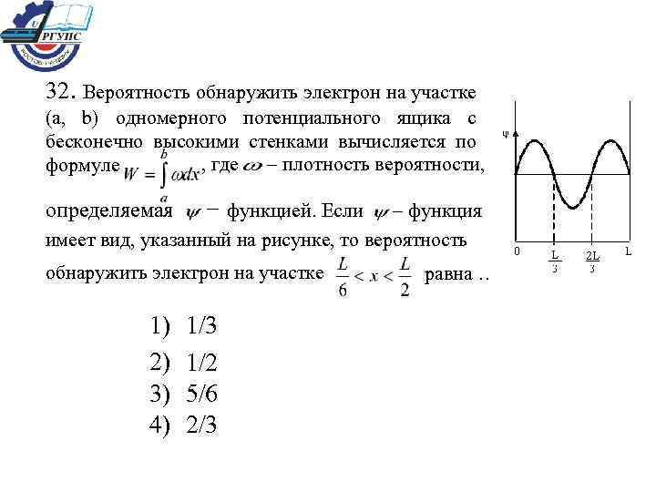 32. Вероятность обнаружить электрон на участке (a, b) одномерного потенциального ящика с бесконечно высокими