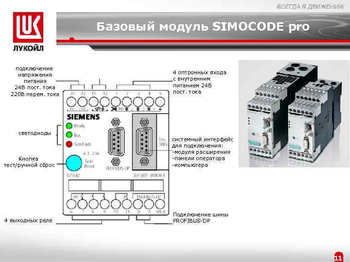 Базовый модуль SIMOCODE pro подключение напряжения питания 24 В пост. тока 220 В перем.