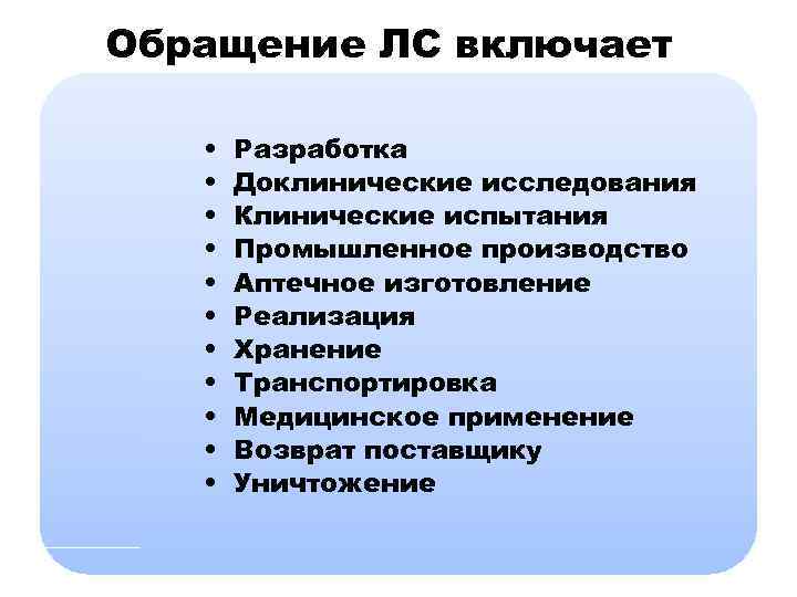 Обращение ЛС включает • • • Разработка Доклинические исследования Клинические испытания Промышленное производство Аптечное