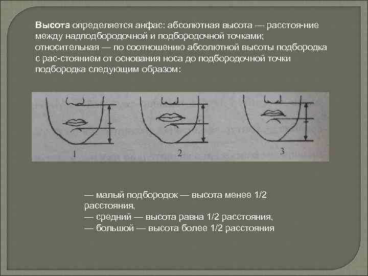 Высота определяется анфас: абсолютная высота — расстоя ние между надподбородочной и подбородочной точками; относительная