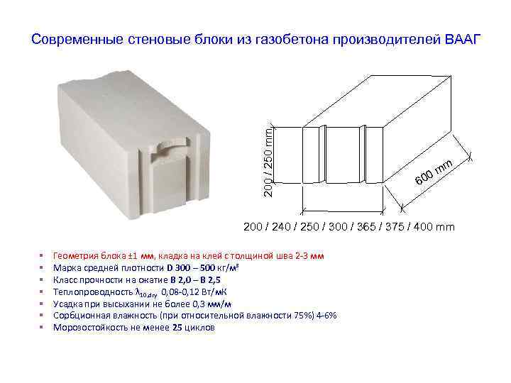 200 / 250 mm Современные стеновые блоки из газобетона производителей ВААГ mm 0 60