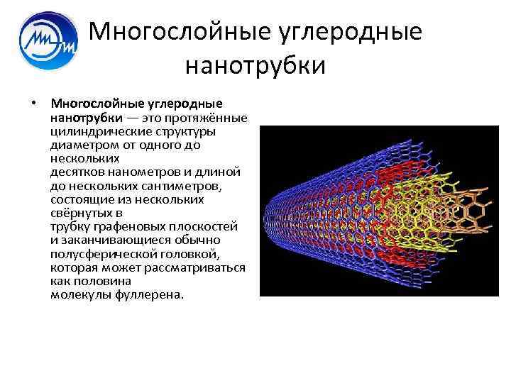 Многослойные углеродные нанотрубки • Многослойные углеродные нанотрубки — это протяжённые цилиндрические структуры диаметром от