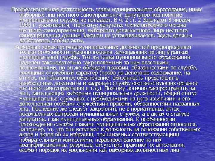 Профессиональная деятельность главы муниципального образования, иных выборных лиц местного самоуправления, депутатов под понятие муниципальной