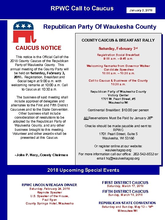 RPWC Call to Caucus January 3, 2018 Republican Party Of Waukesha County COUNTY CAUCUS