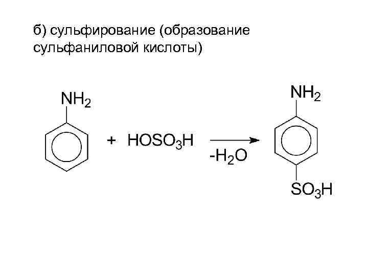 б) сульфирование (образование сульфаниловой кислоты) 