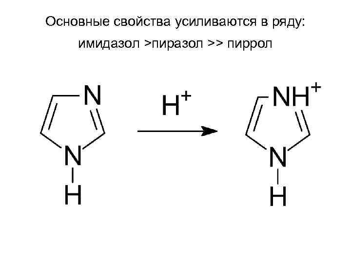 Основные свойства усиливаются в ряду: имидазол >пиразол >> пиррол 