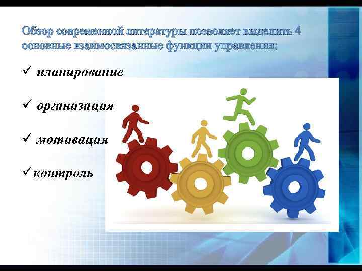 Обзор современной литературы позволяет выделить 4 основные взаимосвязанные функции управления: ü планирование ü организация