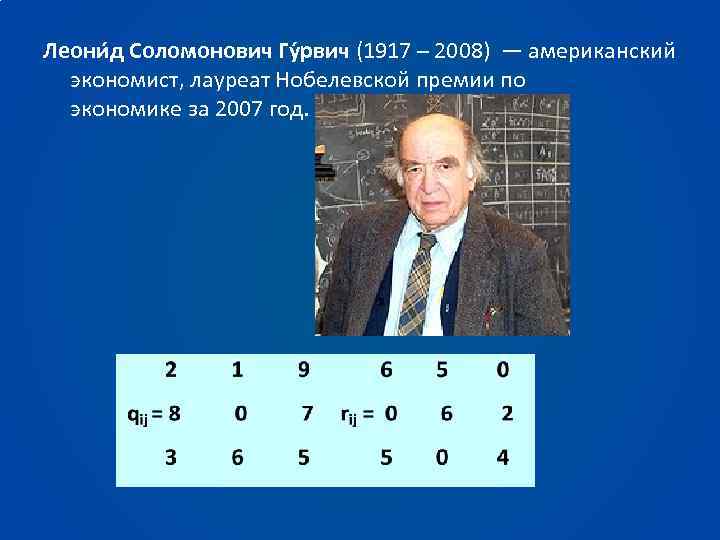 Леони д Соломонович Гу рвич (1917 – 2008) — американский экономист, лауреат Нобелевской премии