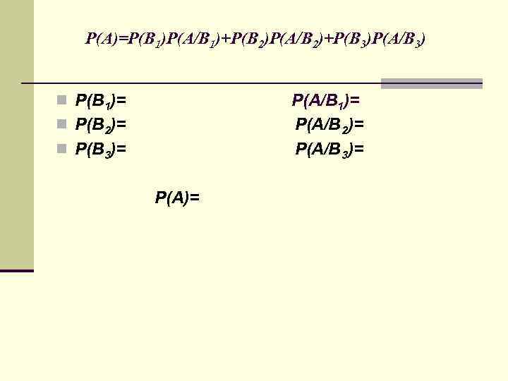 Р(А)=Р(В 1)Р(А/В 1)+Р(В 2)Р(А/В 2)+Р(В 3)Р(А/В 3) Р(А/В 1)= Р(А/В 2)= Р(А/В 3)= n