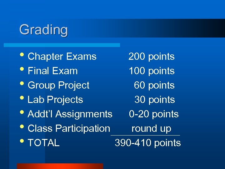 Grading • Chapter Exams 200 points • Final Exam 100 points • Group Project