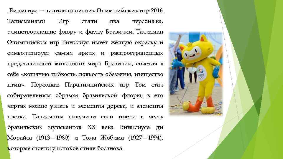Винисиус — талисман летних Олимпийских игр 2016 Талисманами Игр стали два персонажа, олицетворяющие флору