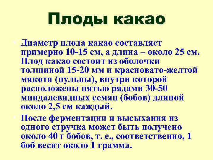 Плоды какао • Диаметр плода какао составляет примерно 10 -15 см, а длина –