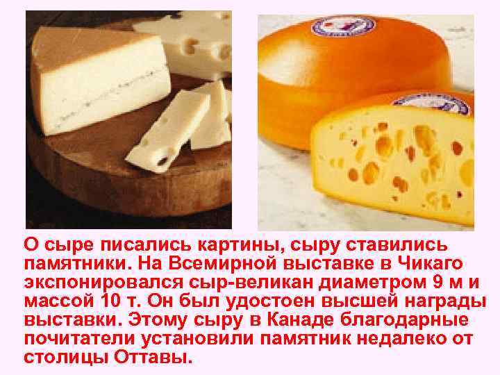 О сыре писались картины, сыру ставились памятники. На Всемирной выставке в Чикаго экспонировался сыр-великан