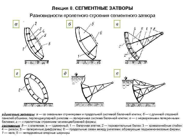 Лекция 8. СЕГМЕНТНЫЕ ЗАТВОРЫ Разновидности пролетного строения сегментного затвора а г б д в