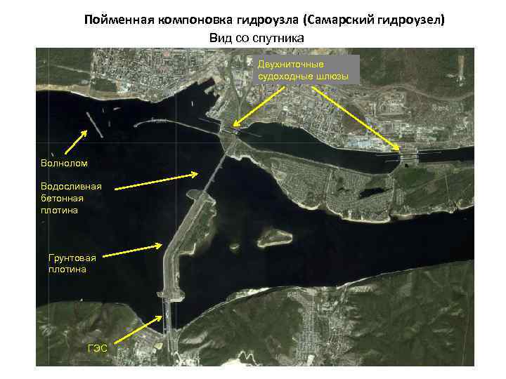 Пойменная компоновка гидроузла (Самарский гидроузел) Вид со спутника Двухниточные судоходные шлюзы Волнолом Водосливная бетонная