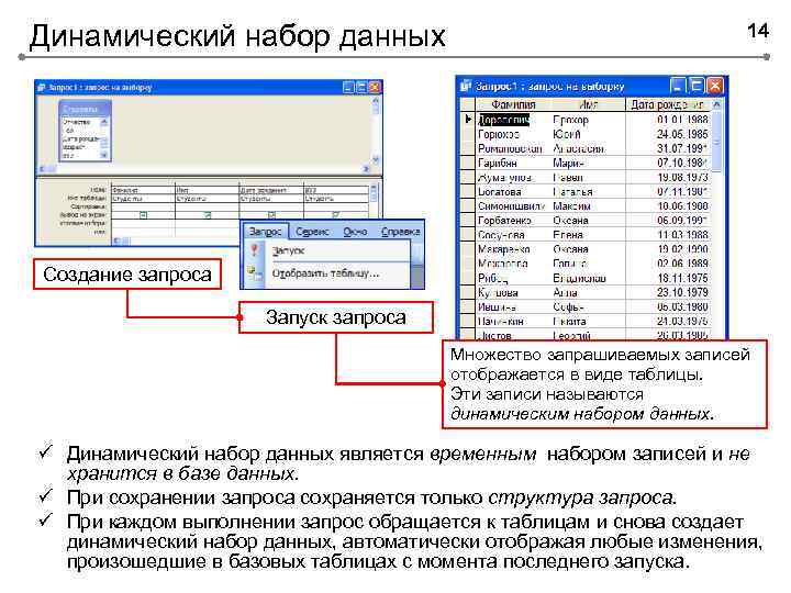 Динамический набор данных 14 Создание запроса Запуск запроса Множество запрашиваемых записей отображается в виде