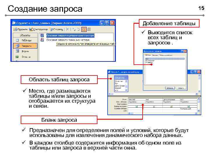 Создание запроса 15 Добавление таблицы ü Выводится список всех таблиц и запросов. Область таблиц