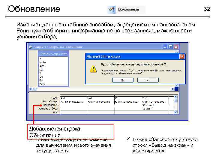 Обновление 32 Изменяет данные в таблице способом, определяемым пользователем. Если нужно обновить информацию не