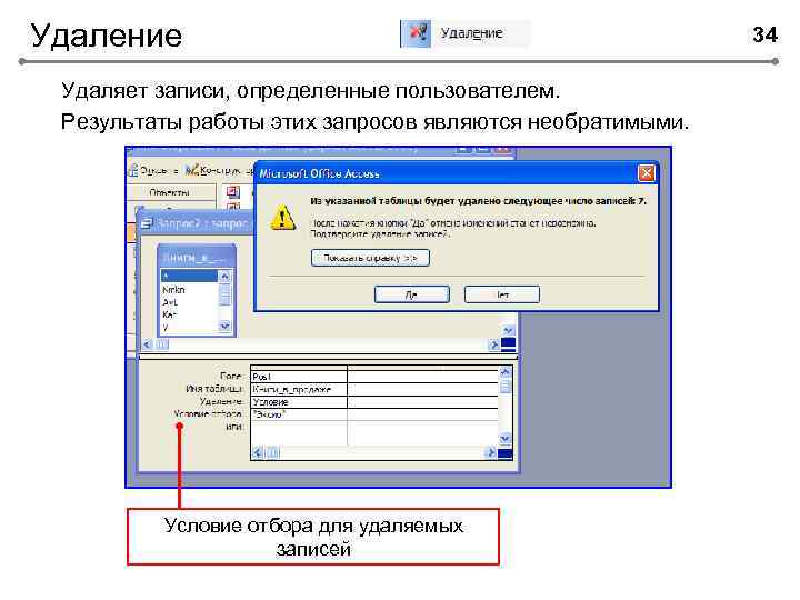 Удаление Удаляет записи, определенные пользователем. Результаты работы этих запросов являются необратимыми. Условие отбора для
