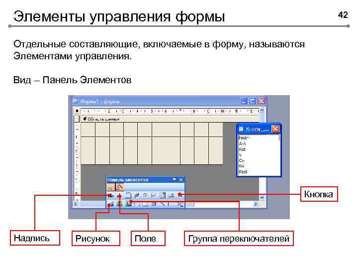 Элементы управления формы 42 Отдельные составляющие, включаемые в форму, называются Элементами управления. Вид –