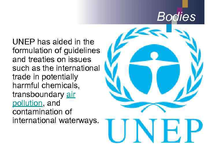 Bodies UNEP has aided in the formulation of guidelines and treaties on issues such