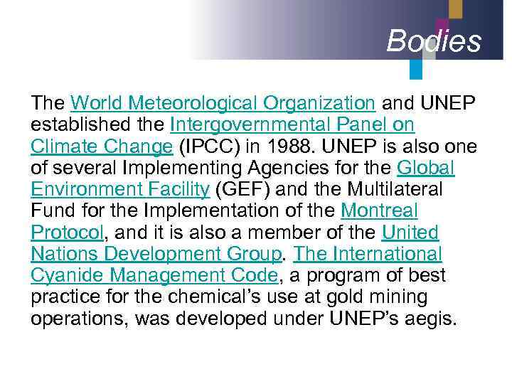 Bodies The World Meteorological Organization and UNEP established the Intergovernmental Panel on Climate Change