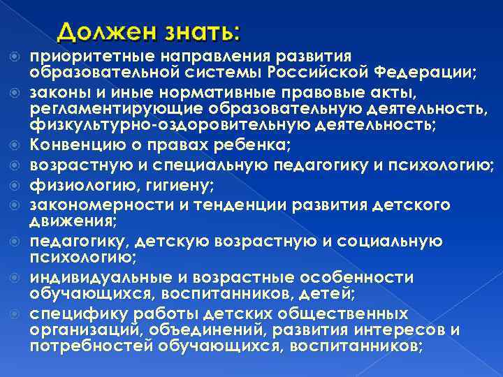 Должен знать: приоритетные направления развития образовательной системы Российской Федерации; законы и иные нормативные правовые