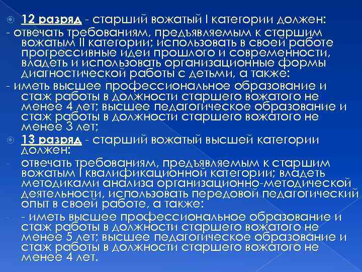 12 разряд - старший вожатый I категории должен: - отвечать требованиям, предъявляемым к старшим