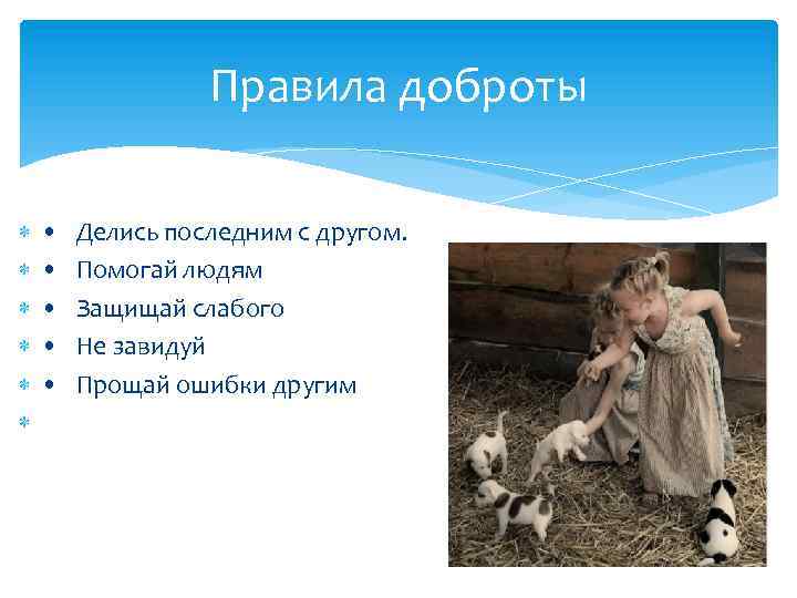 Правила доброты • Делись последним с другом. • Помогай людям • Защищай слабого •