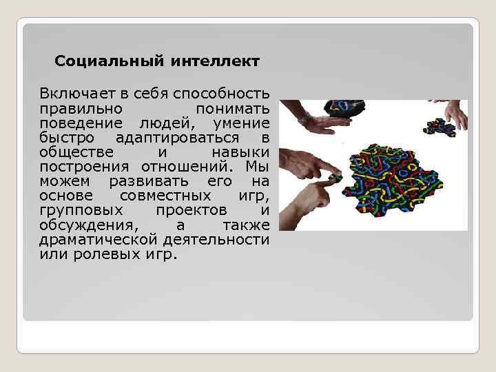 Социальный интеллект Включает в себя способность правильно понимать поведение людей, умение быстро адаптироваться в