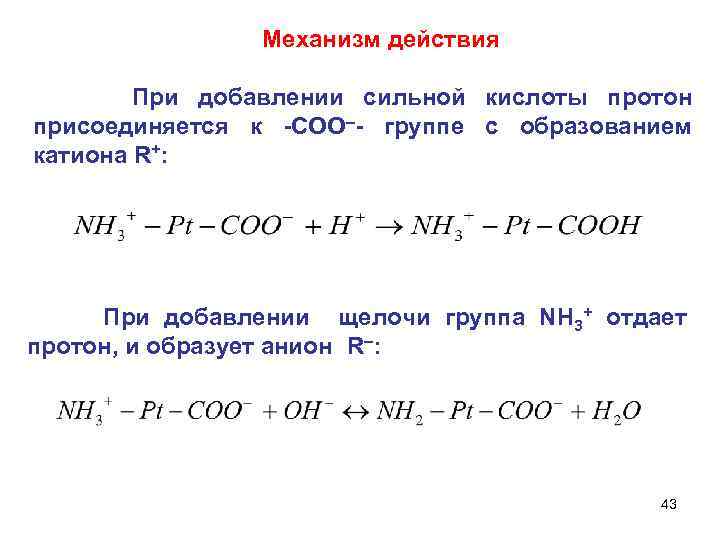 Механизм действия При добавлении сильной кислоты протон присоединяется к -СОO–- группе с образованием катиона