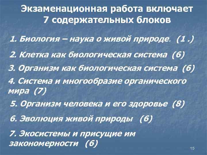 Экзаменационная работа включает 7 содержательных блоков 1. Биология – наука о живой природе. (1.