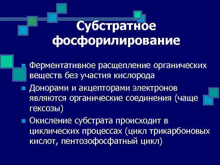 Субстратное фосфорилирование n n n Ферментативное расщепление органических веществ без участия кислорода Донорами и