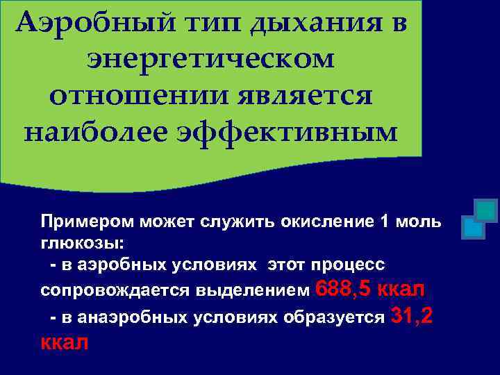 Аэробный тип дыхания в энергетическом отношении является наиболее эффективным Примером может служить окисление 1