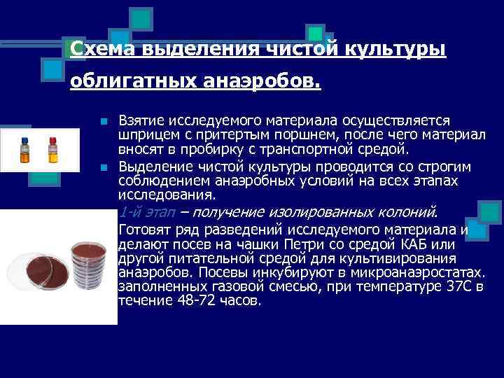 Схема выделения чистой культуры облигатных анаэробов. n n Взятие исследуемого материала осуществляется шприцем с