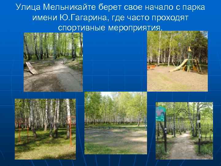 Улица Мельникайте берет свое начало с парка имени Ю. Гагарина, где часто проходят спортивные