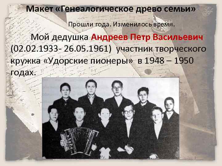Макет «Генеалогическое древо семьи» Прошли года. Изменилось время. Мой дедушка Андреев Петр Васильевич (02.