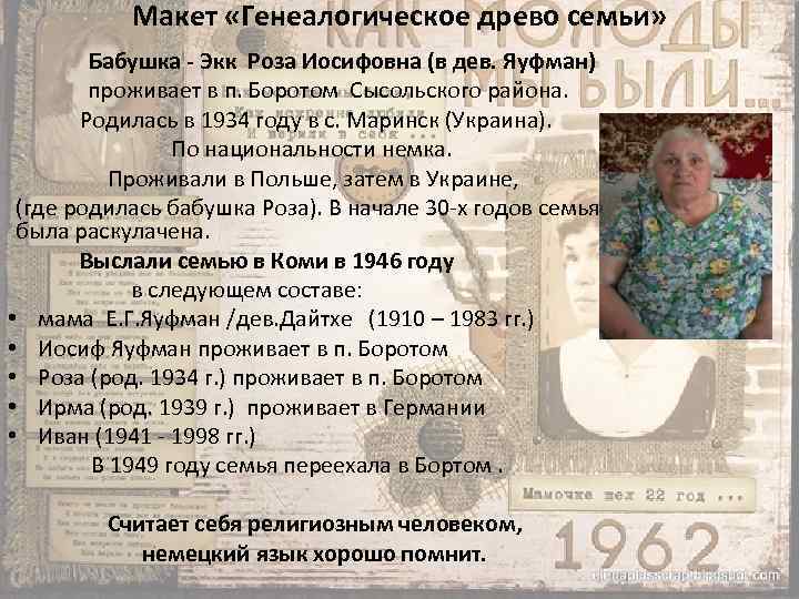 Макет «Генеалогическое древо семьи» Бабушка - Экк Роза Иосифовна (в дев. Яуфман) проживает в