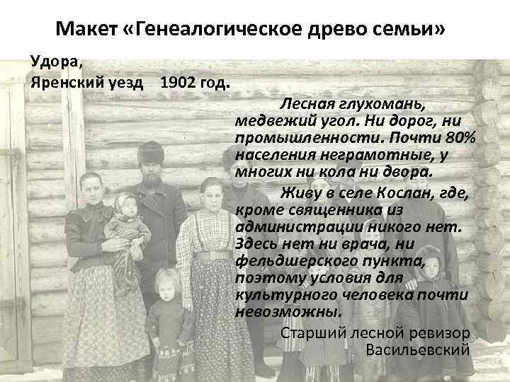 Макет «Генеалогическое древо семьи» Удора, Яренский уезд 1902 год. Лесная глухомань, медвежий угол. Ни