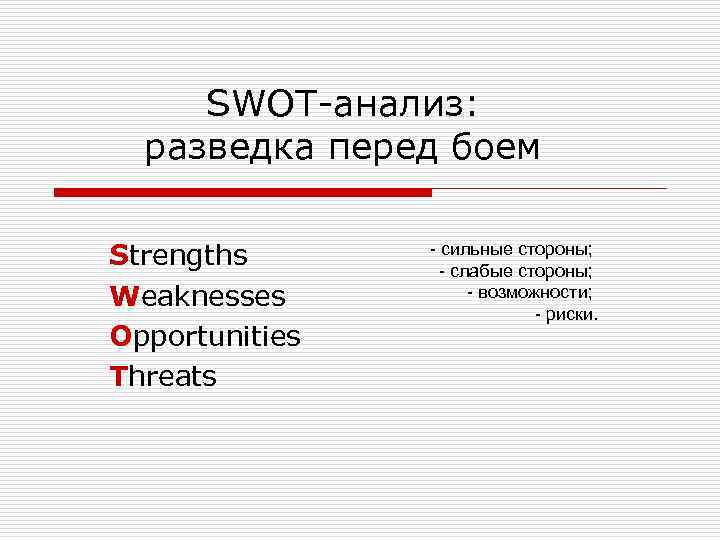 SWOT-анализ: разведка перед боем Strengths Weaknesses Opportunities Threats - сильные стороны; - слабые стороны;