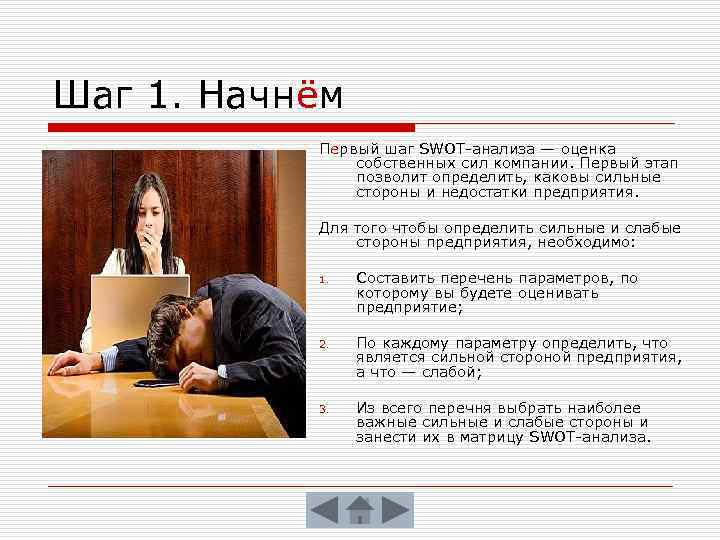 Шаг 1. Начнём Первый шаг SWOT-анализа — оценка собственных сил компании. Первый этап позволит