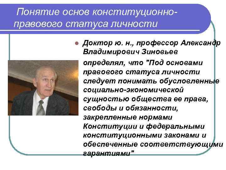 Понятие основ конституционноправового статуса личности Доктор ю. н. , профессор Александр Владимирович Зиновьев l