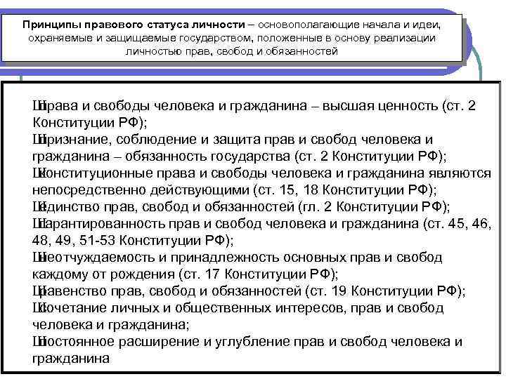 Принципы правового статуса личности – основополагающие начала и идеи, охраняемые и защищаемые государством, положенные